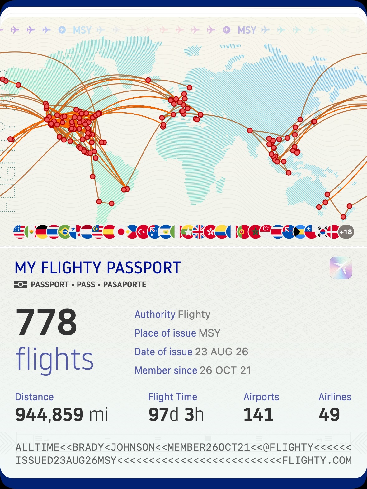 A digital flight-tracking passport card showing total flights, distance, and airports